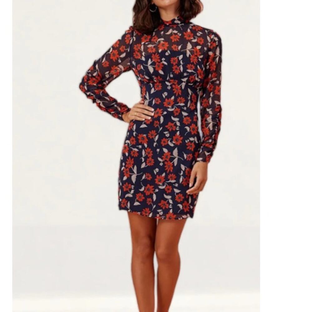 Finders Keepers Maya Mini Dress Women's Size M Navy Floral Long Sleeve Boho NWT